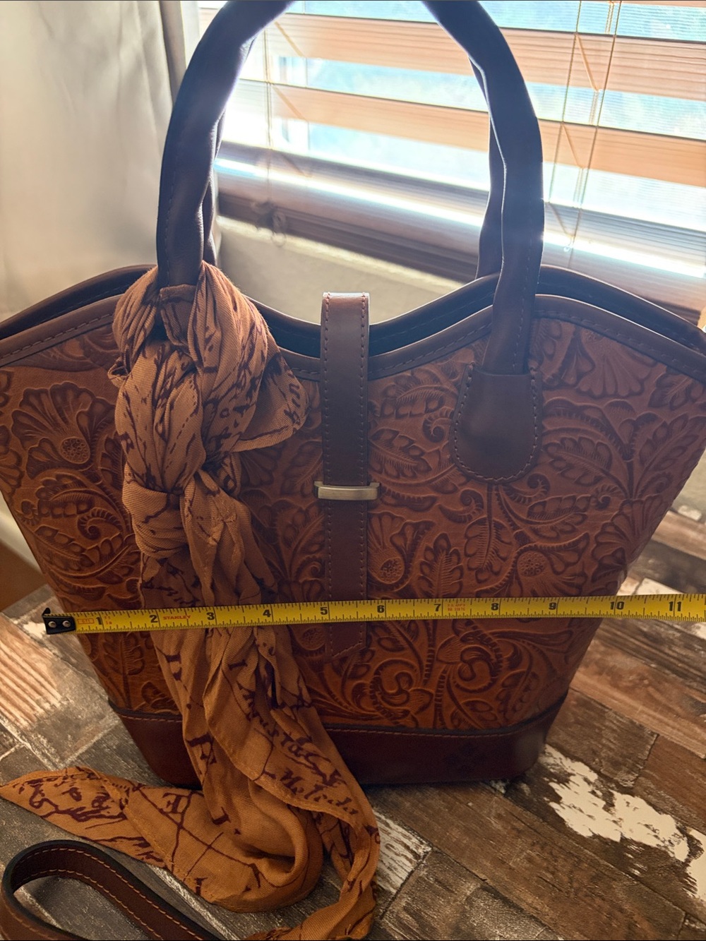 Patricia Nash Mina Tooled Leather Satchel Bucket Bag & Scarf - Picture 9 of 16